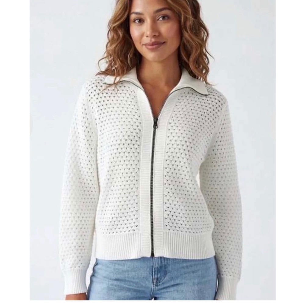 J. SOCIETY MED Mesh Knit Full Zip Sweater in White